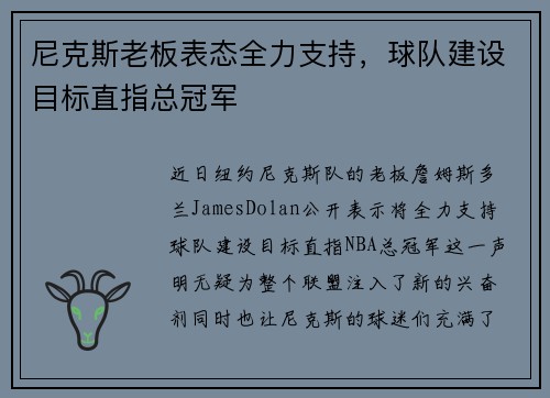 尼克斯老板表态全力支持，球队建设目标直指总冠军